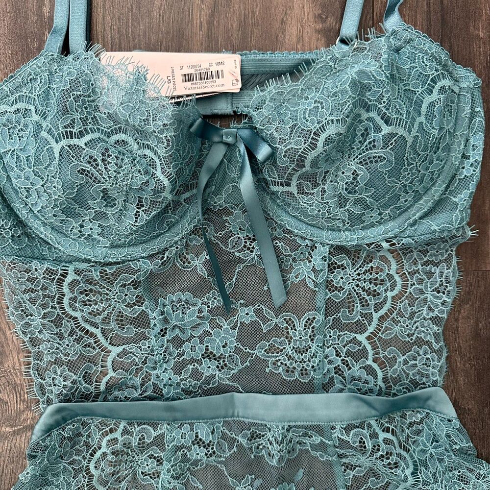 NWT Victoria's Secret Wicked Rose Lace Jade Blue Apron Lingerie Slip Size Large - Picture 13 of 14